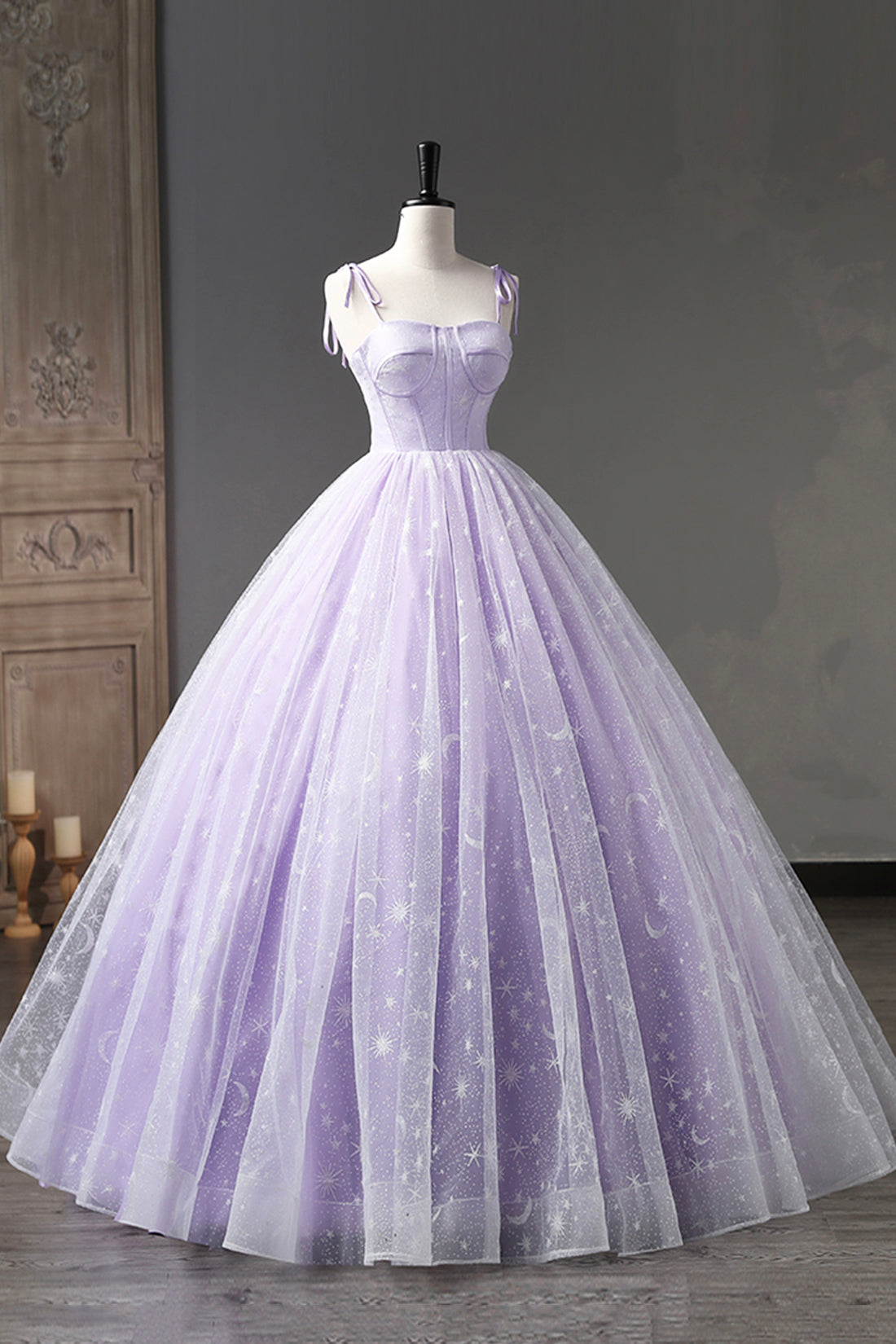 Lavender Tulle Straps Floor Length Evening Dress, Lavender A-Line Prom Lavender Tulle Straps Floor Length Evening Dress, Lavender A-Line Prom