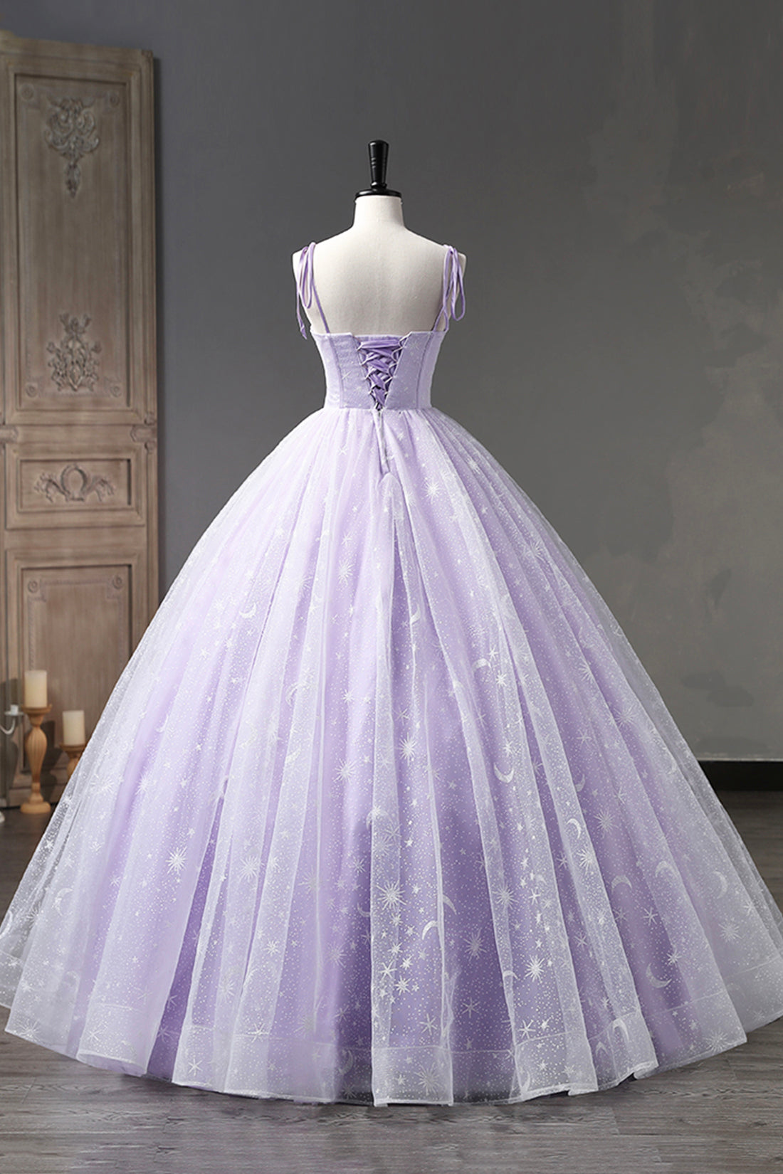 Lavender Tulle Straps Floor Length Evening Dress, Lavender A-Line Prom