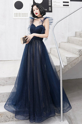 Blue Sweetheart Neckline Tulle Long Formal Dresses, A-Line Blue Prom Dresses