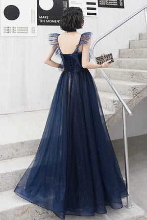 Blue Sweetheart Neckline Tulle Long Formal Dresses, A-Line Blue Prom Dresses