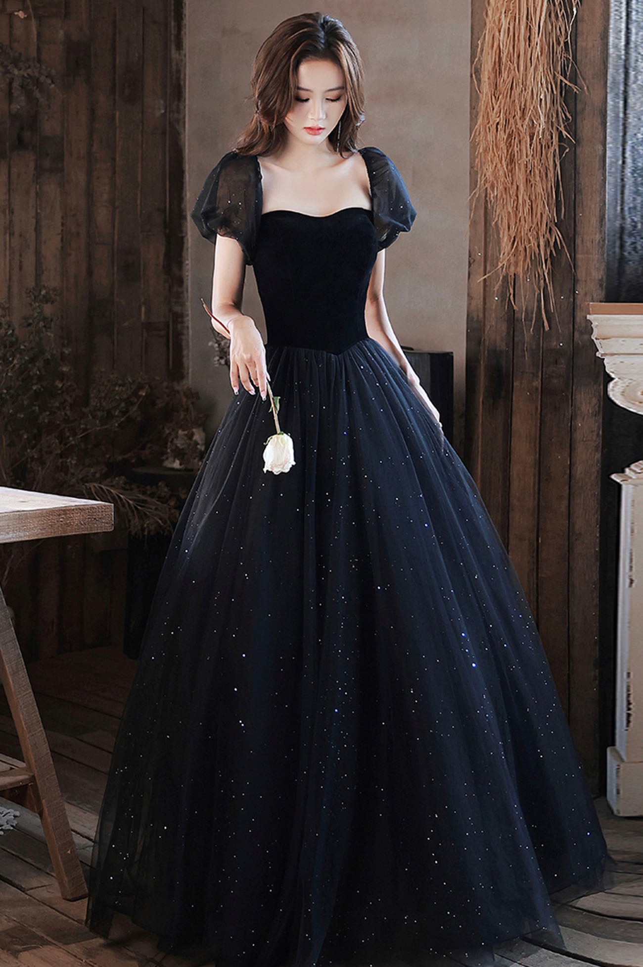 Black Shiny Tulle Long Prom Dress, Black Short Sleeve Evening Dress