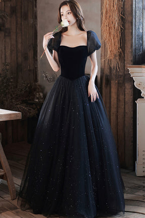 Black Shiny Tulle Long Prom Dress, Black Short Sleeve Evening Dress