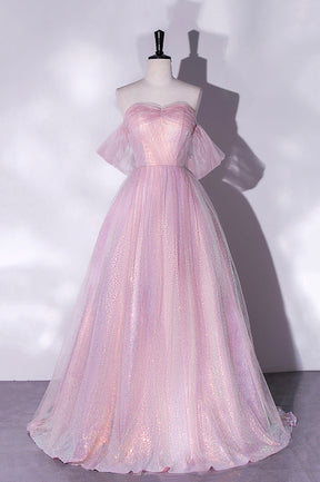 Pink Sequins Long A-Line Prom Dress, Off the Shoulder Evening Party Dress