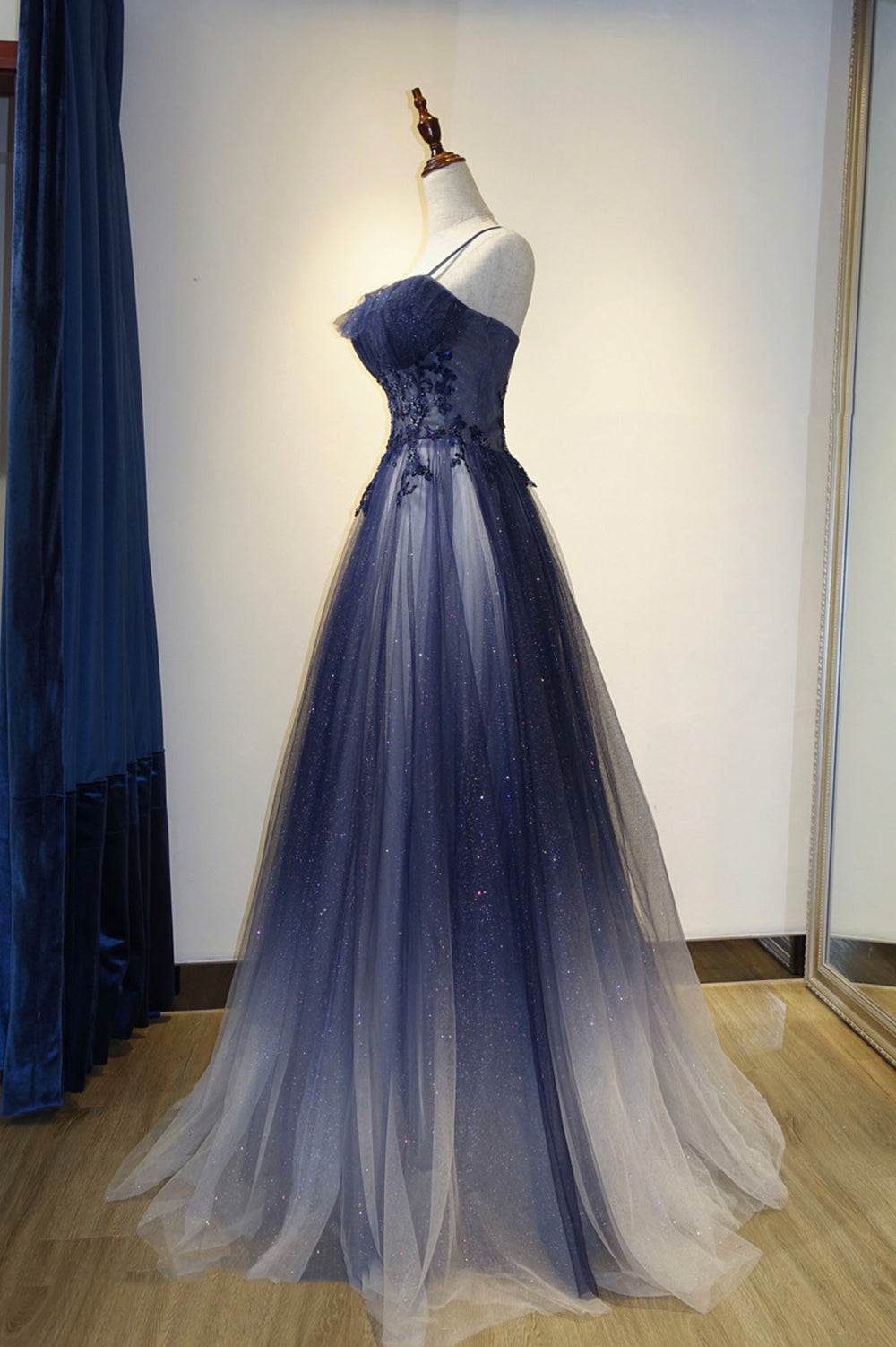 Spaghetti Strap Gradient Tulle Long Formal Dress, Blue Evening Party Dress main image 0