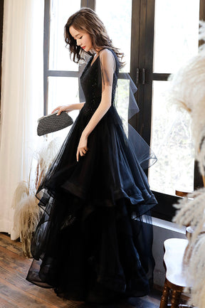 Black V-Neck Tulle Layers Long Formal Dress, A-Line Black Party Dress