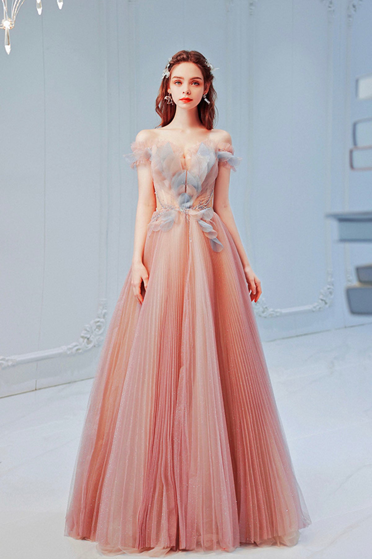 Pink Off the Shoulder Tulle Long Party Dress, Cute A-Line Prom Dress Pink Off the Shoulder Tulle Long Party Dress, Cute A-Line Prom Dress