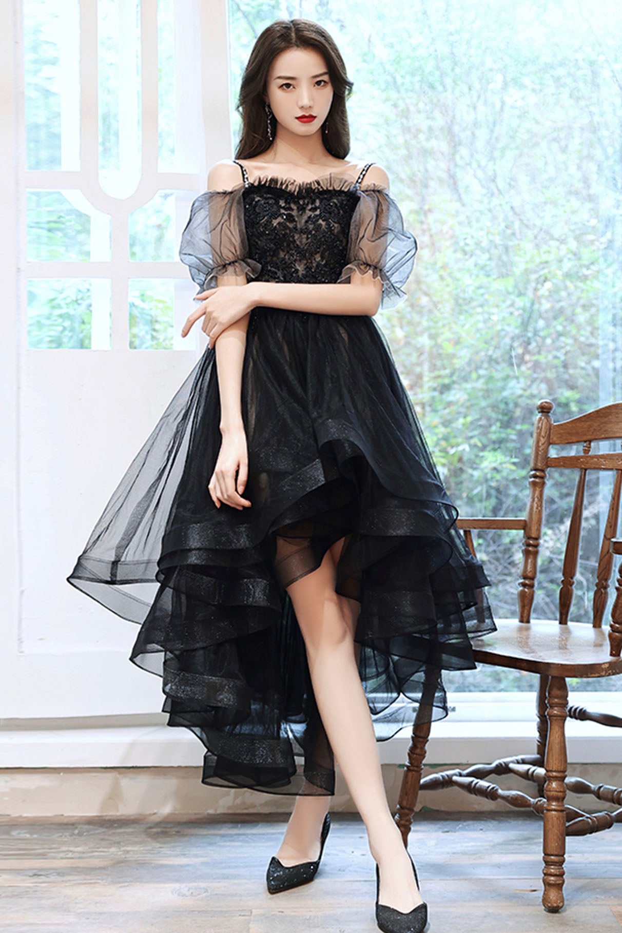 Black Tulle Lace High-Low Party Dress, Cute Short Sleeve Homecoming Dr Black Tulle Lace High-Low Party Dress, Cute Short Sleeve Homecoming Dr