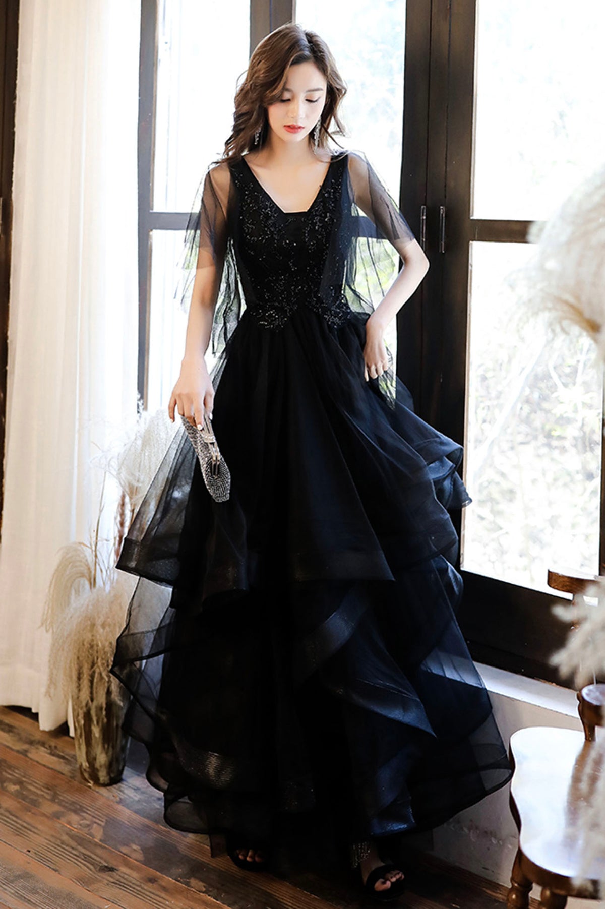 Black V-Neck Tulle Layers Long Formal Dress, A-Line Black Party Dress