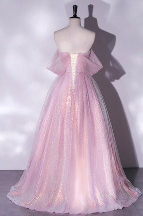 Pink Sequins Long A-Line Prom Dress, Off the Shoulder Evening Party Dress