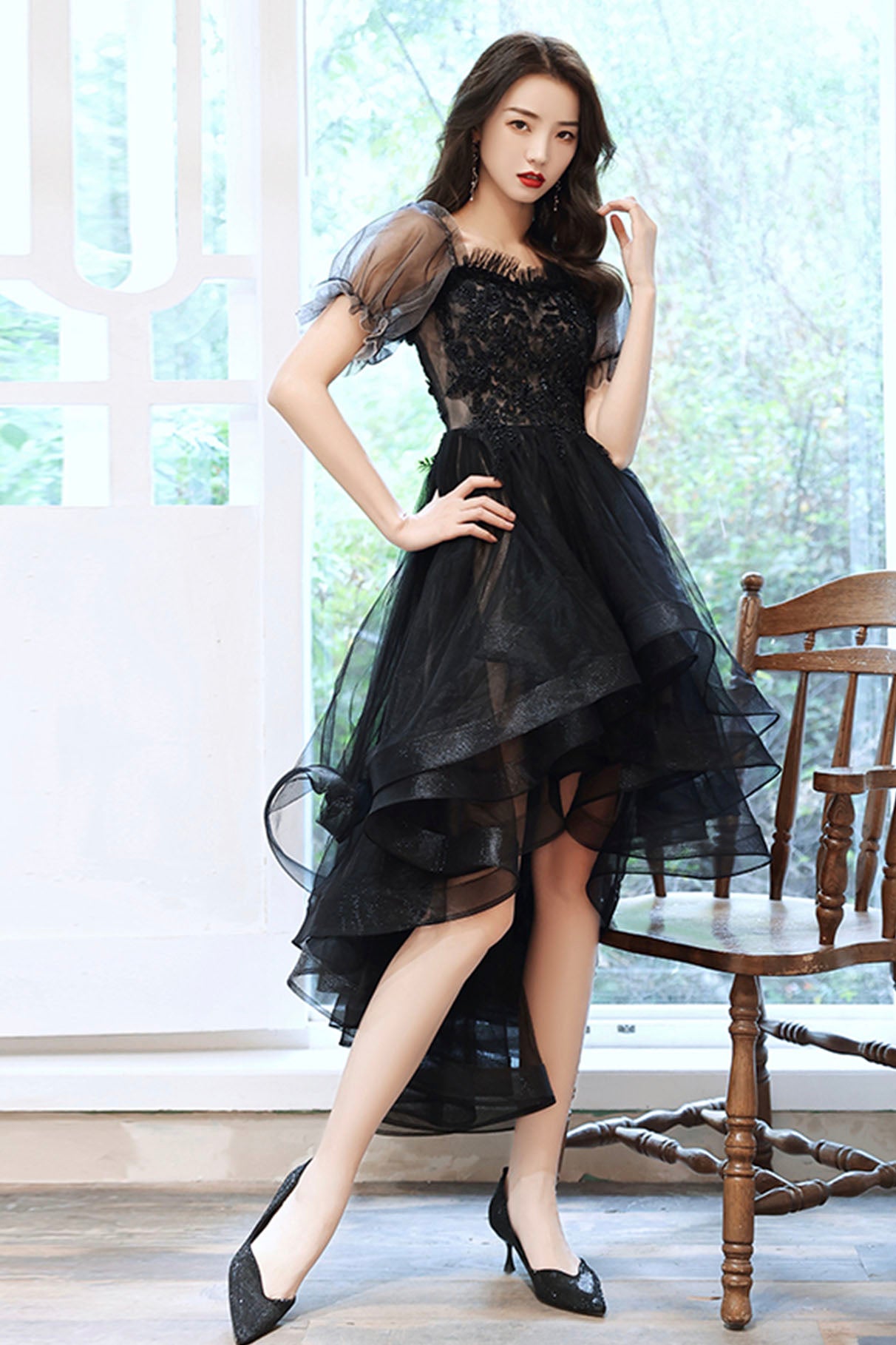 Black Tulle Lace High-Low Party Dress, Cute Short Sleeve Homecoming Dress