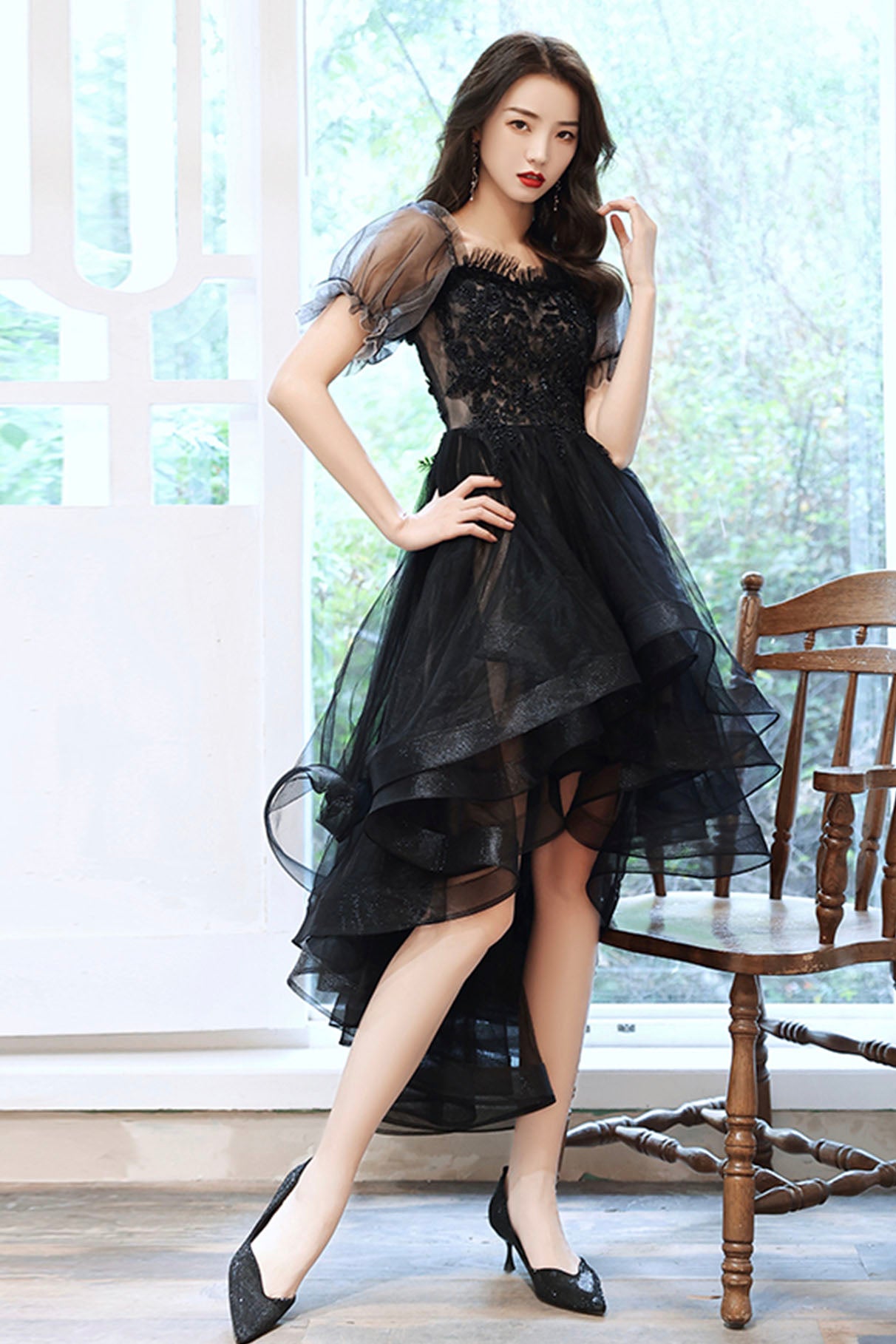 Black Tulle Lace High-Low Party Dress, Cute Short Sleeve Homecoming Dr Black Tulle Lace High-Low Party Dress, Cute Short Sleeve Homecoming Dr