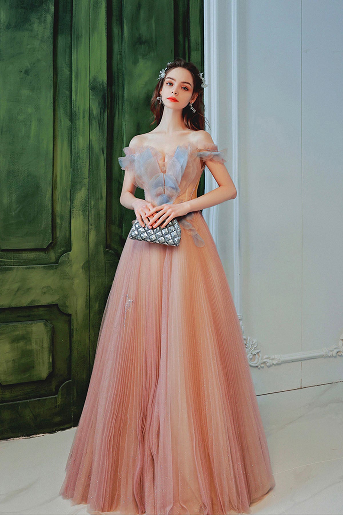 Pink Off the Shoulder Tulle Long Party Dress, Cute A-Line Prom Dress