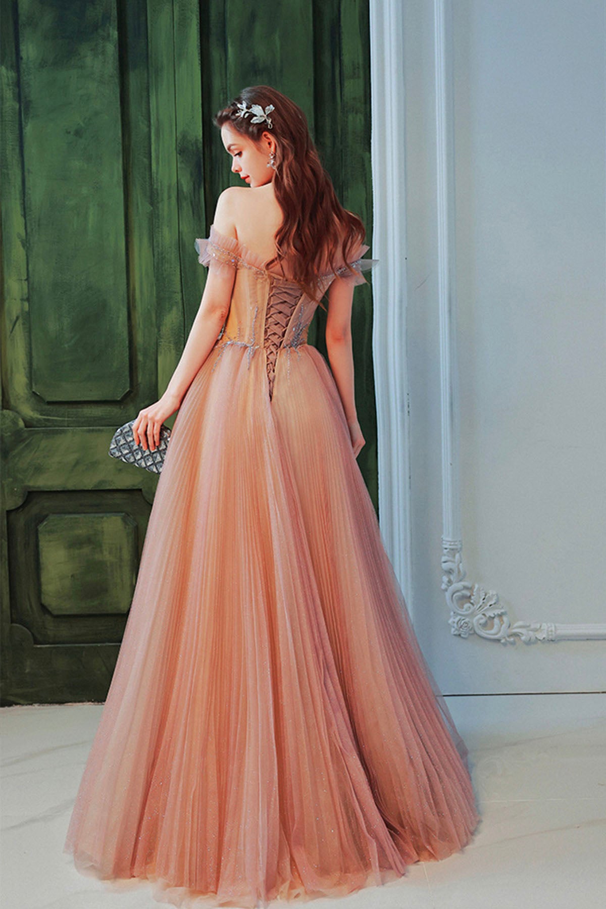 Pink Off the Shoulder Tulle Long Party Dress, Cute A-Line Prom Dress