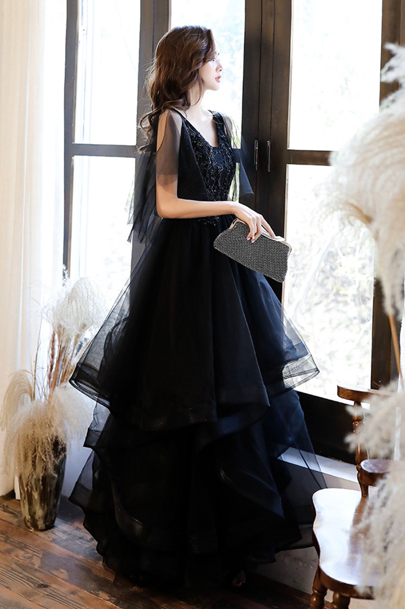 Black V-Neck Tulle Layers Long Formal Dress, A-Line Black Party Dress Black V-Neck Tulle Layers Long Formal Dress, A-Line Black Party Dress
