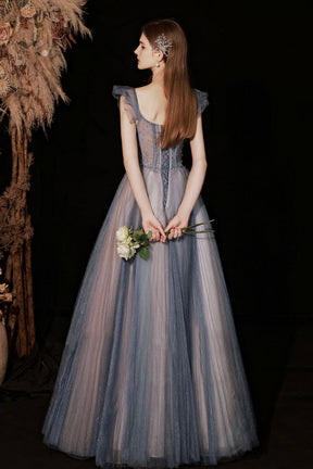 Blue Sweetheart Neckline Tulle Long Formal Dresses, A-Line Prom Dresses