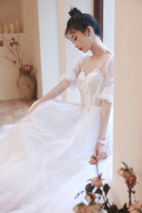 White Puff Sleeves Tulle Party Dress, A-Line Lace Scoop Neckline Evening Dress