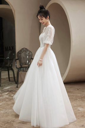 White Puff Sleeves Tulle Party Dress, A-Line Lace Scoop Neckline Evening Dress
