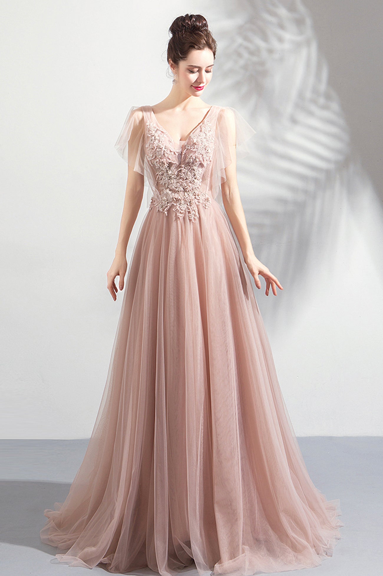 Pink V-Neck Lace Long Prom Dress, Pink Evening Party Dress