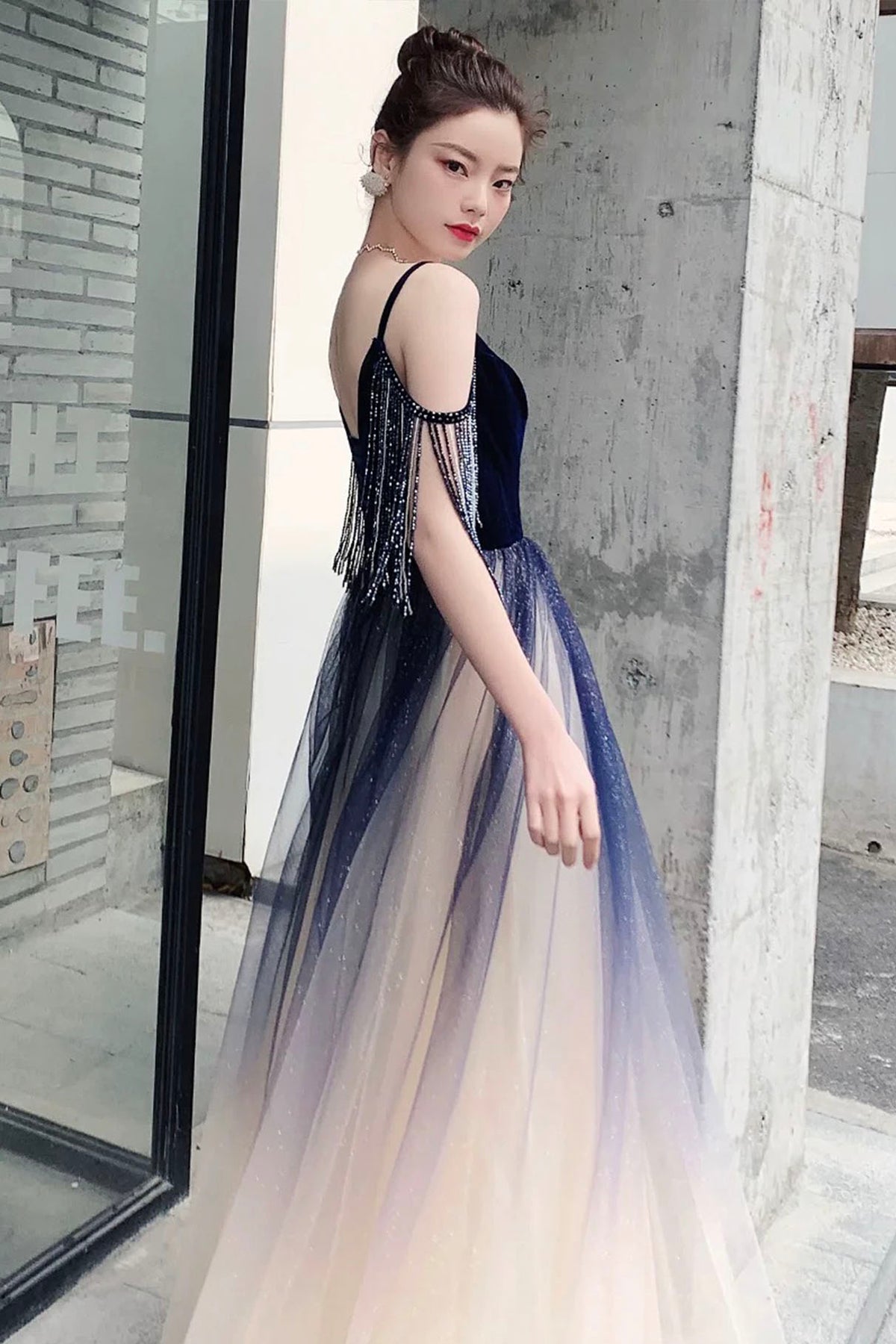 Light Blue Spaghetti Strap Belted A-Line Long Formal Dress