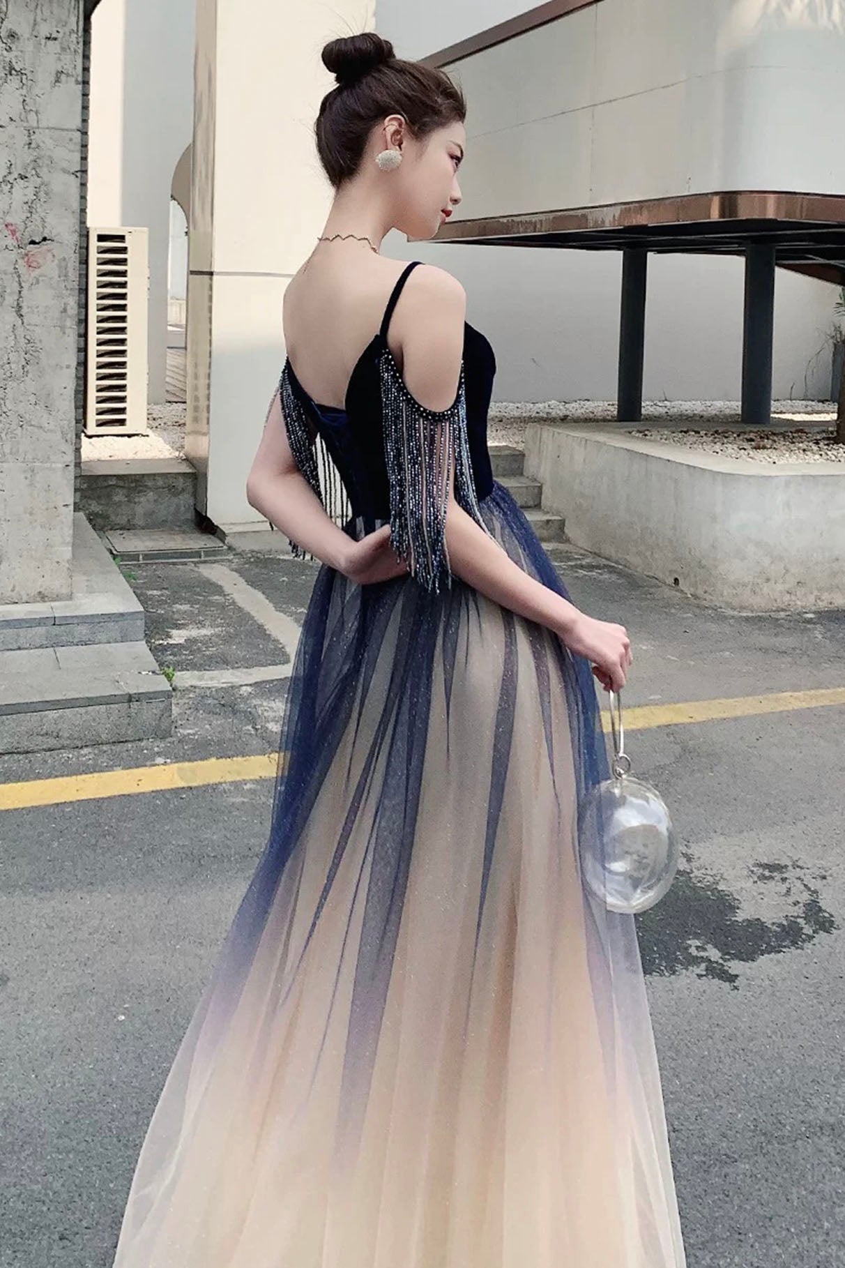 Blue Spaghetti Strap Gradient Long Formal Dress, A-Line V-Neck Prom Dress
