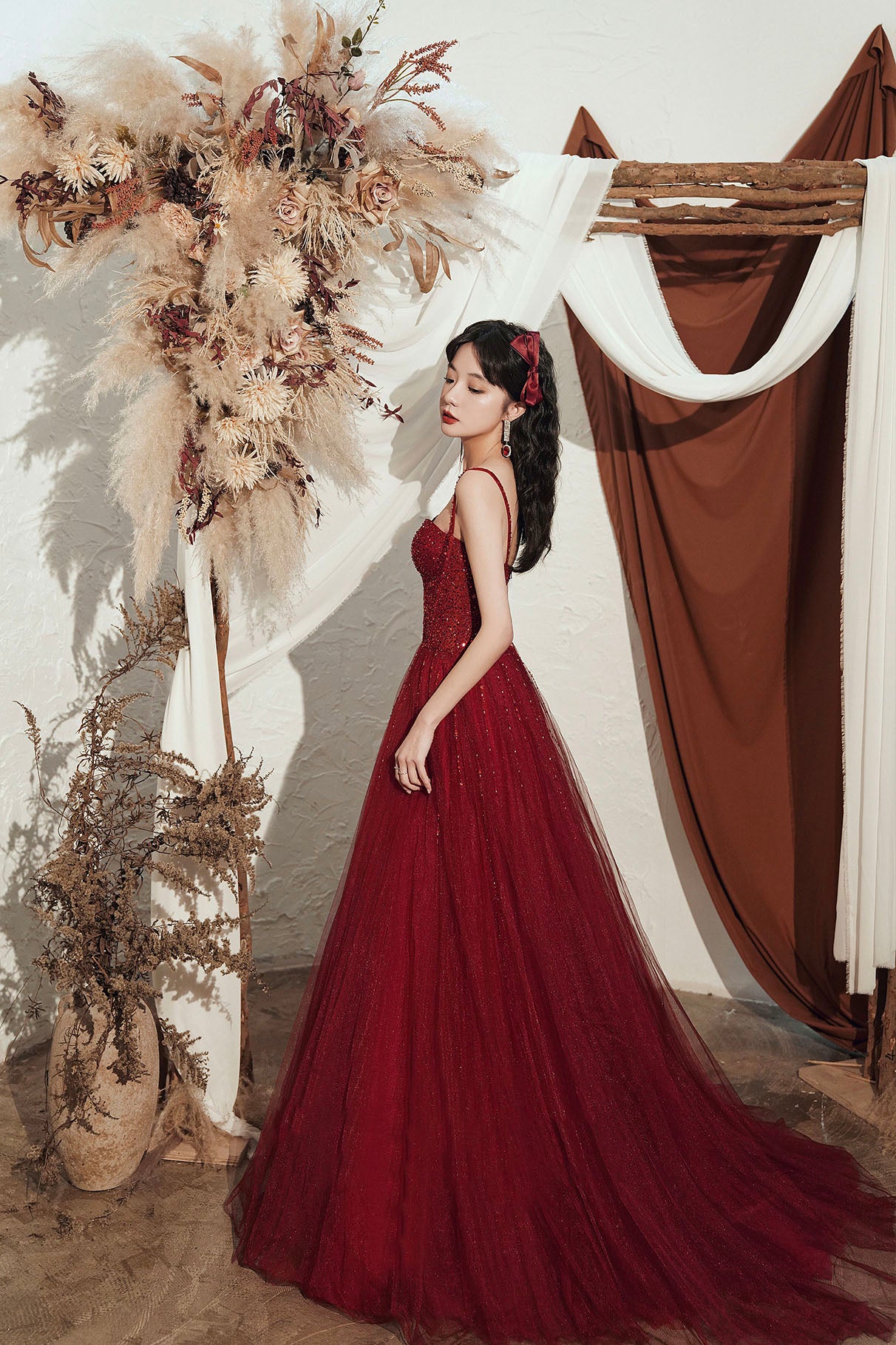 Burgundy Beaded Long A-Line Prom Dress, Burgundy Straps Evening Dress Burgundy Beaded Long A-Line Prom Dress, Burgundy Straps Evening Dress