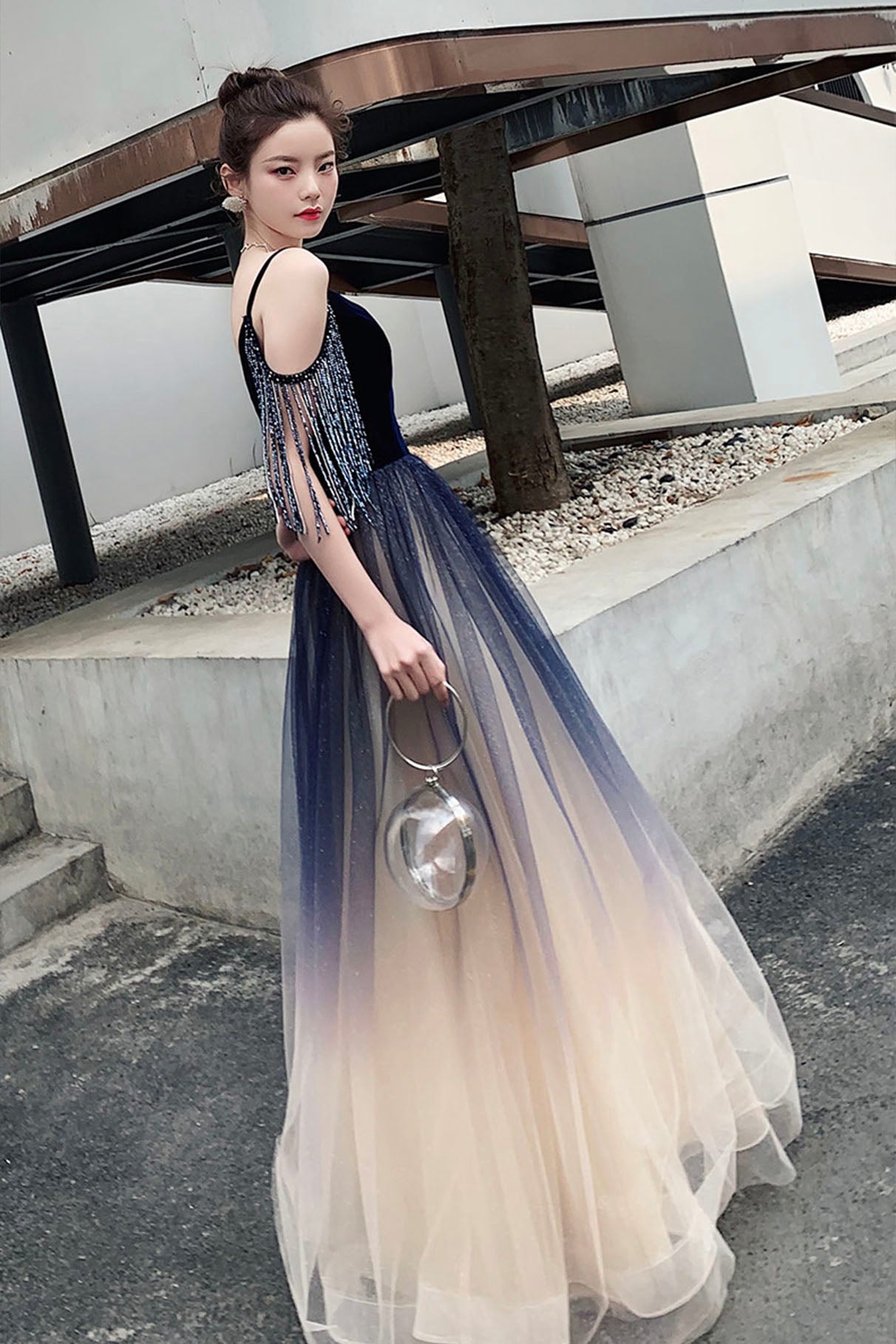 Blue Spaghetti Strap Gradient Long Formal Dress, A-Line V-Neck Prom Dress
