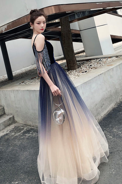 Spaghetti Strap Gradient Tulle Long Formal Dress, Blue Evening Party Dress main image 1