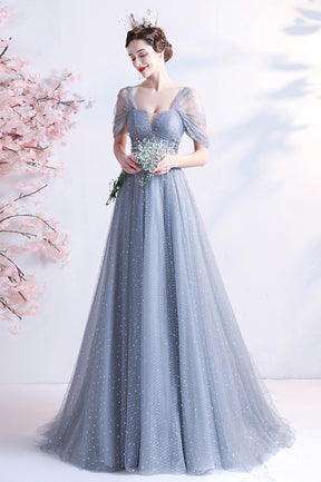 Elegant Gray Tulle Long Prom Dress, Off the Shoulder Formal Evening Dress