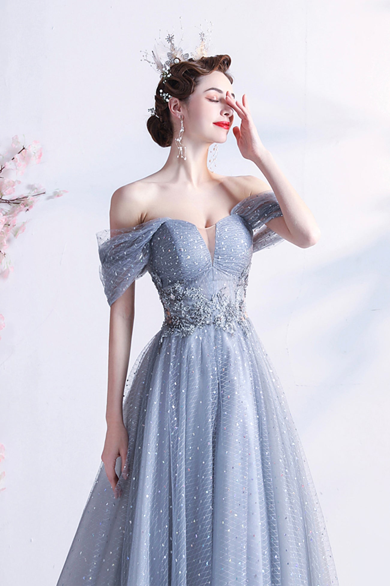 Elegant Gray Tulle Long Prom Dress, Off the Shoulder Formal Evening Dress