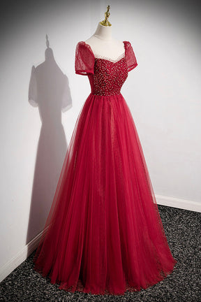 Red Scoop Neckline Tulle Formal Dress with Beaded, A-Line Short Sleeve Party Dress