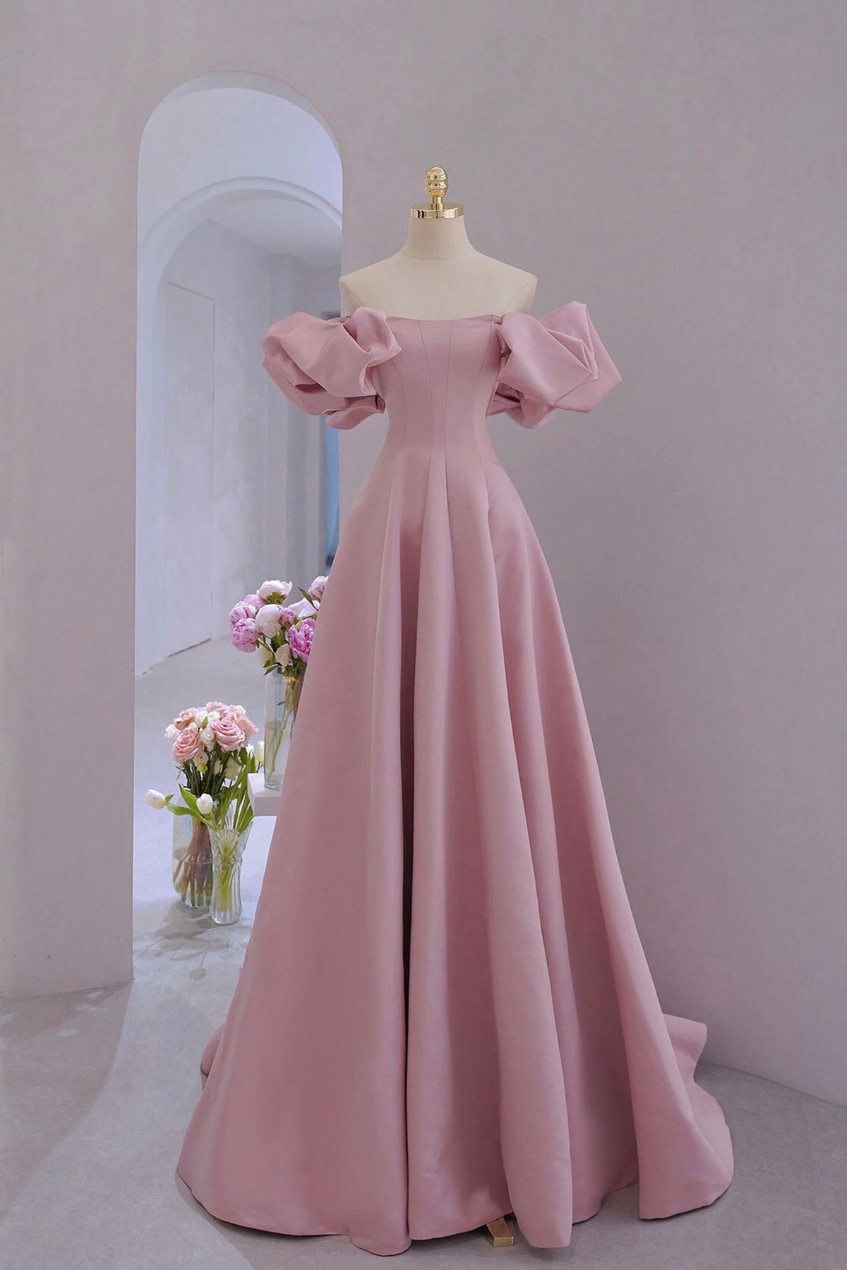 Pink Satin Long A-Line Prom Dress, Pink Puff Sleeves Formal Evening Dress