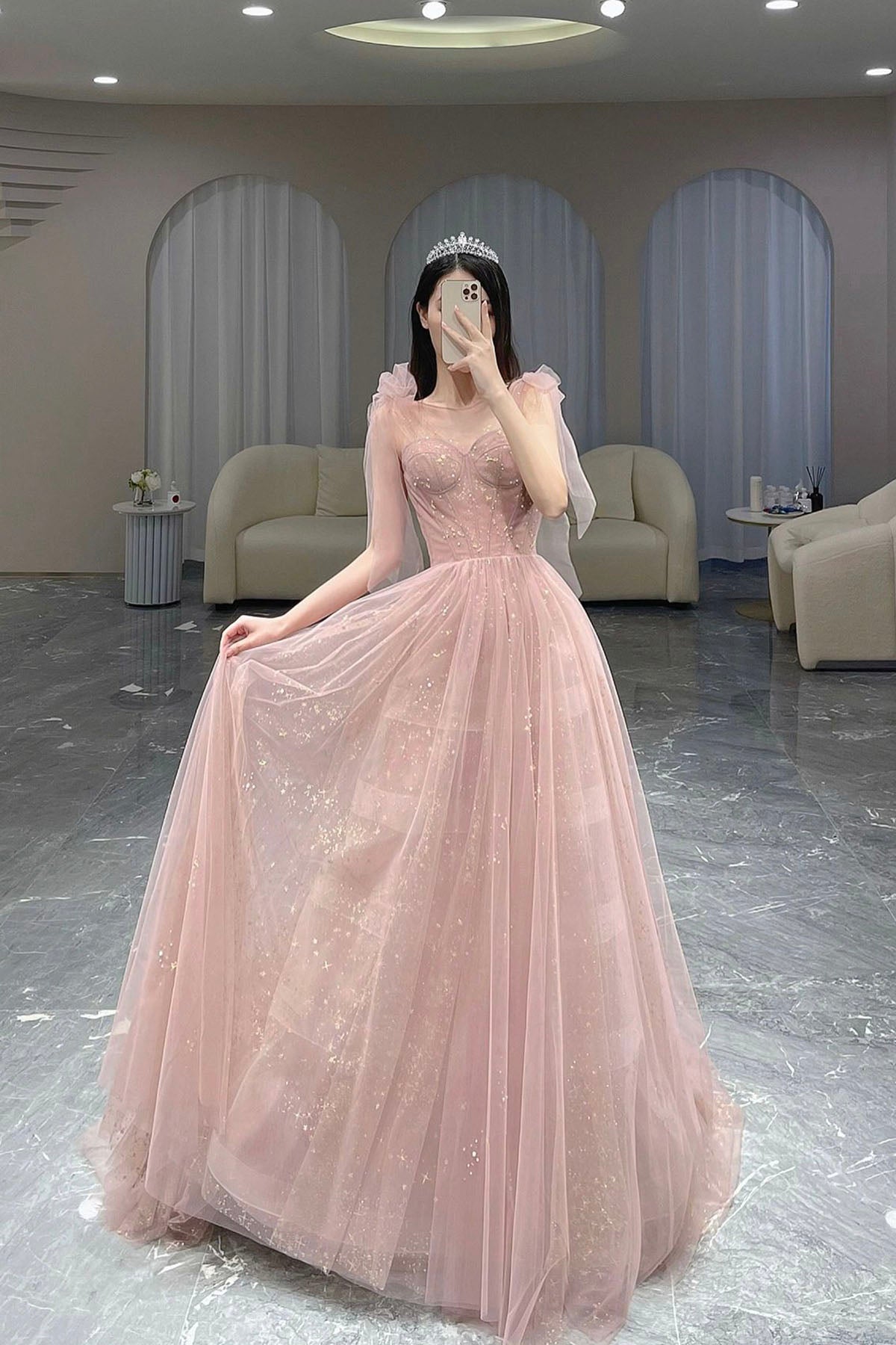 Pink Scoop Tulle Long A-Line Prom Dress, Cute Pink Graduation Dress