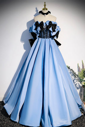 Blue Satin Long Prom Dress, Off the Shoulder Formal Evening Dress