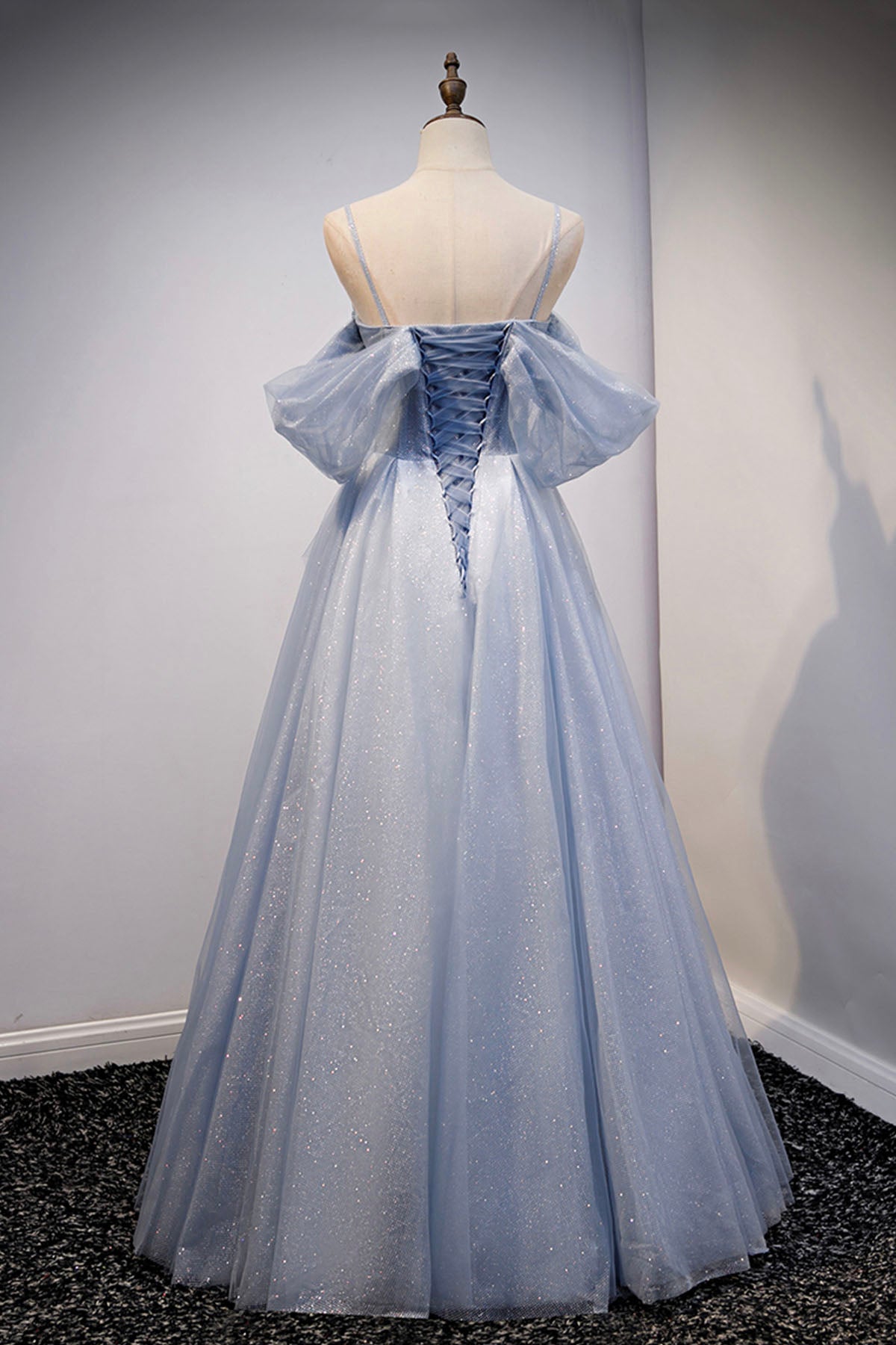 Spaghetti Straps Blue Tulle Long Prom Dress, Off the Shoulder Evening Dress