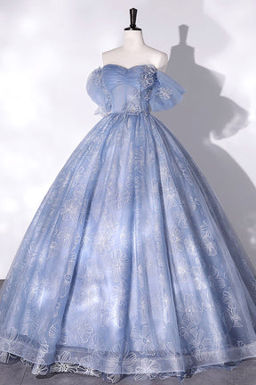 Blue Tulle Lace Long Ball Gown, Off the Shoulder Formal Evening Gown