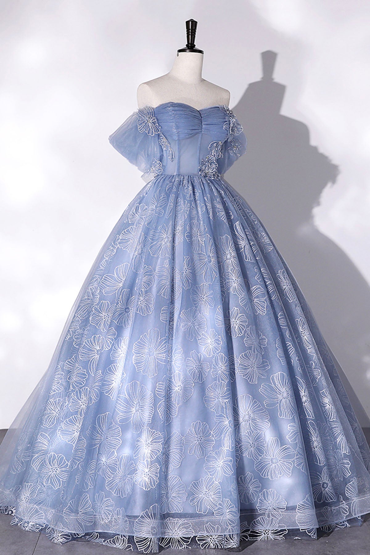Blue Tulle Lace Long Ball Gown, Off the Shoulder Formal Evening Gown