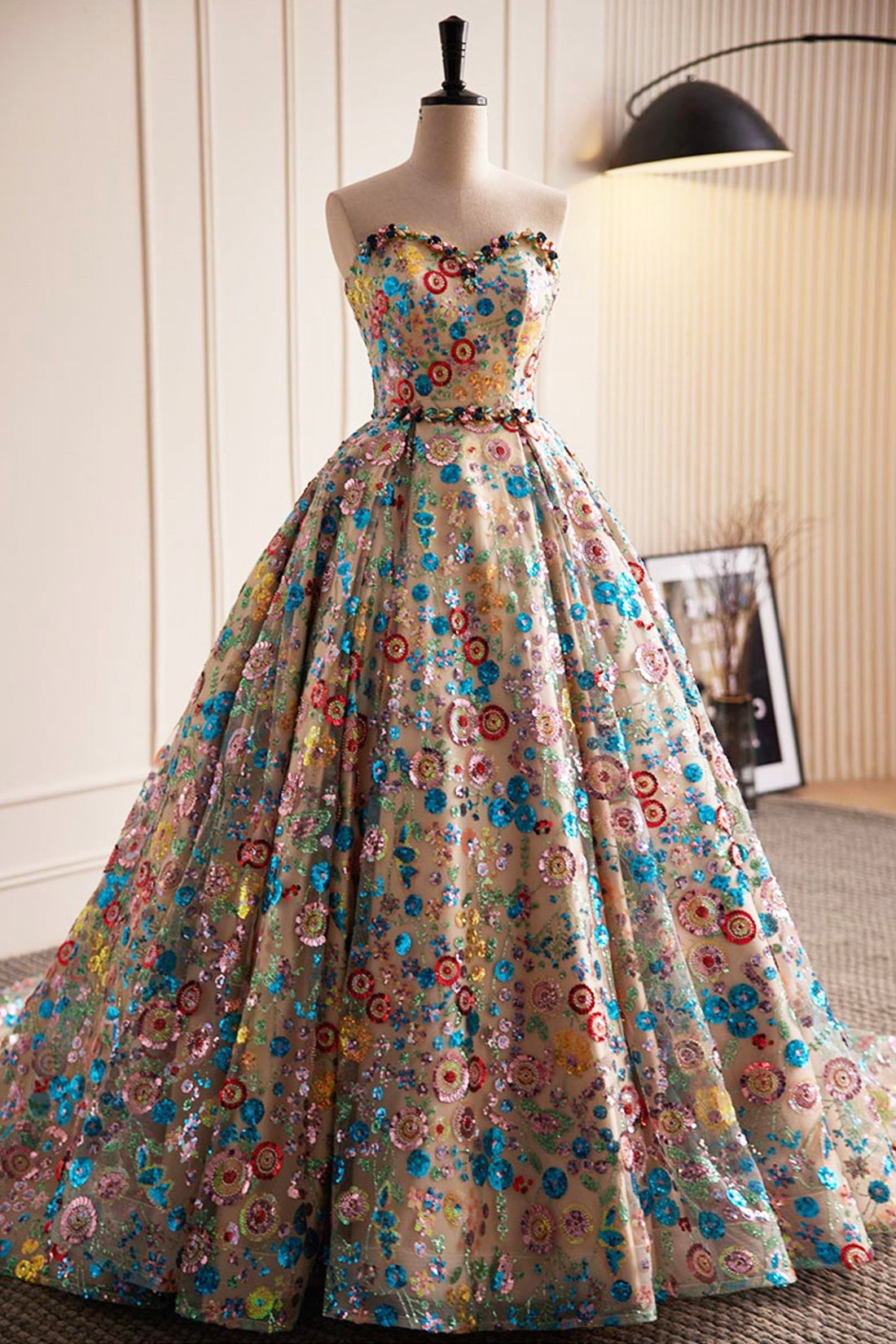 Lovely Sweetheart Floral Sequin Long Prom Dress, A-Line Strapless Even Lovely Sweetheart Floral Sequin Long Prom Dress, A-Line Strapless Even