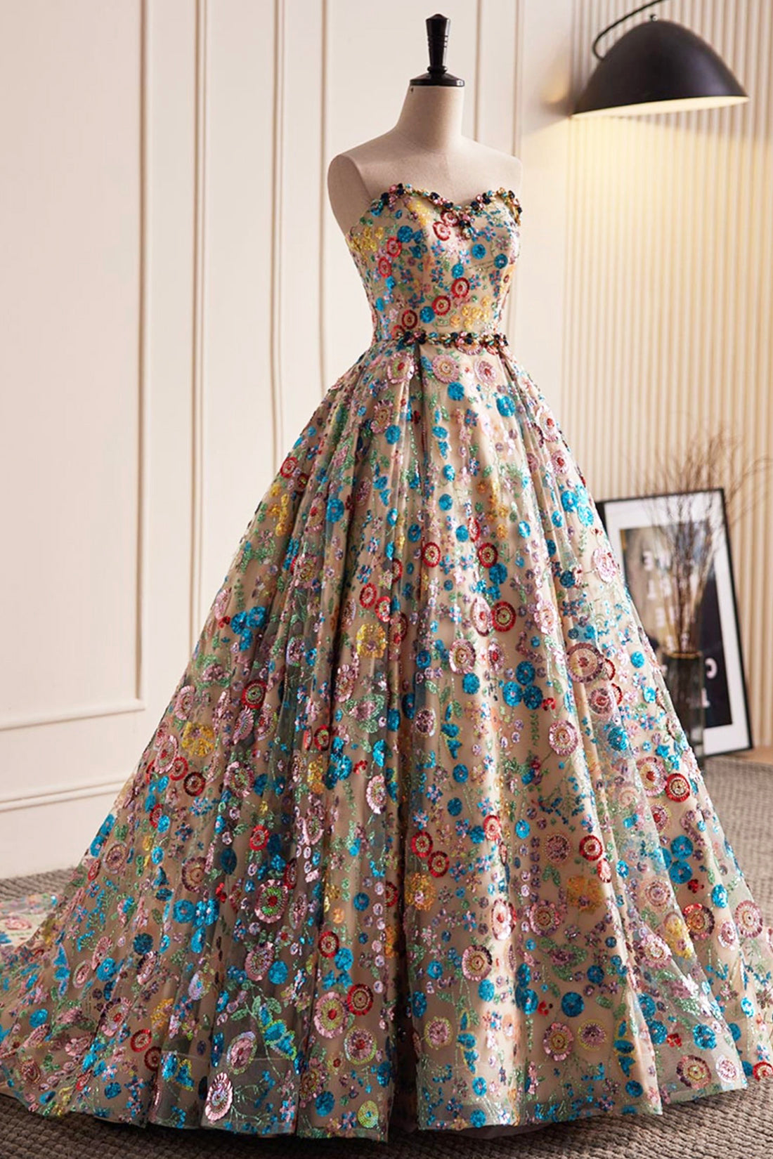 Lovely Sweetheart Floral Sequin Long Prom Dress, A-Line Strapless Evening Dress