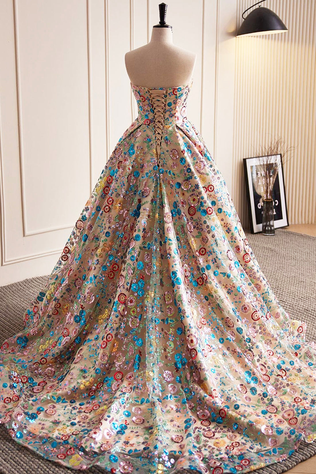 Lovely Sweetheart Floral Sequin Long Prom Dress, A-Line Strapless Even