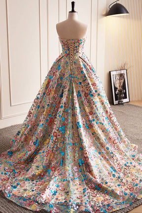 Lovely Sweetheart Floral Sequin Long Prom Dress, A-Line Strapless Evening Dress