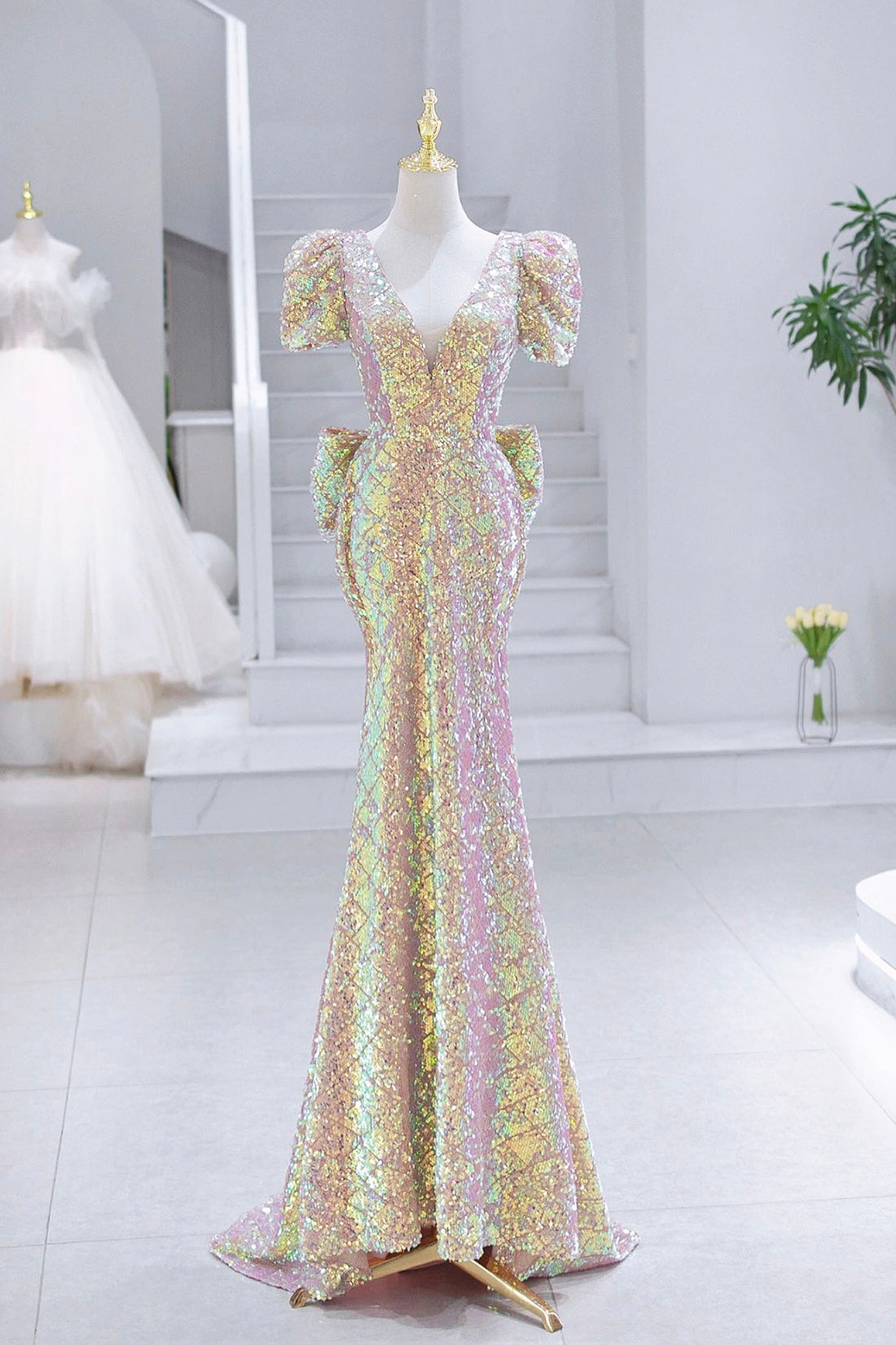 Mermaid Sequins Long Prom Dress, V-Neck Short Sleeve Evening Dress