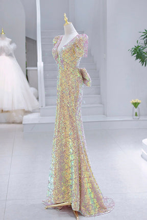 Mermaid Sequins Long Prom Dress, V-Neck Short Sleeve Evening Dress