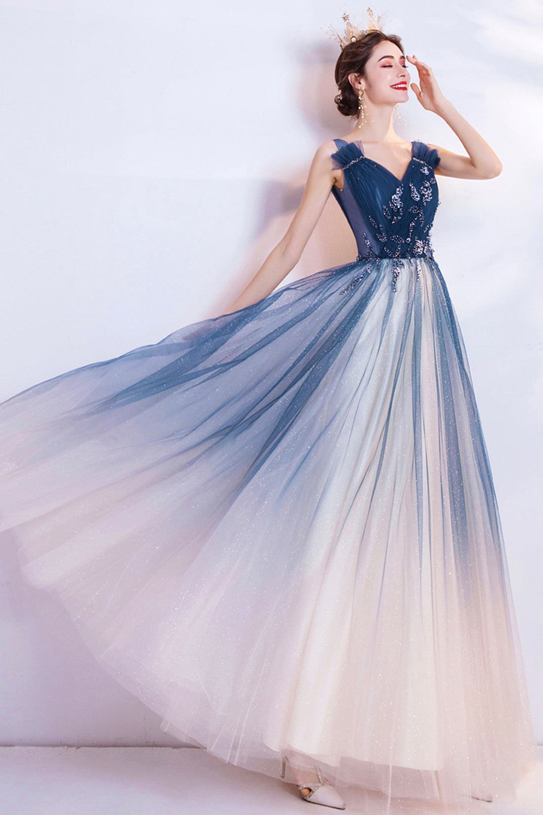 Blue V Neck Gradient Tulle Formal Dress with Beaded, Long A-Line Prom Dress