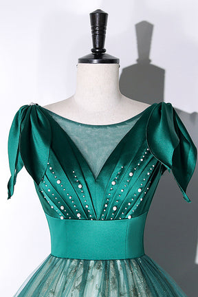 Green Satin Tulle Long Prom Dress, Elegant A-Line Formal Dress