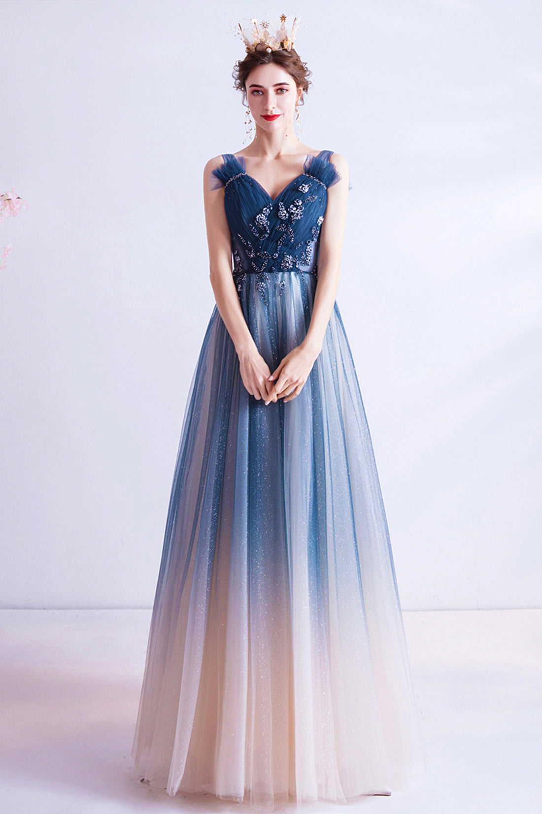 blue gradient prom dress Blue Gradient Tulle Unique Party Dresses, Long Prom Dresses Formal Dresses