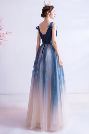 Blue V Neck Gradient Tulle Formal Dress with Beaded, Long A-Line Prom Dress