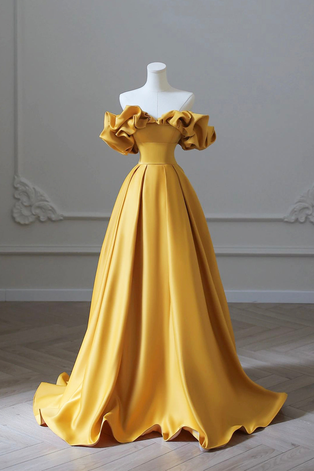 Yellow Satin Prom Dresses with Slit Plunging V-Neck Spaghetti Strap Evening  Dress 20616 - Yellow / US2