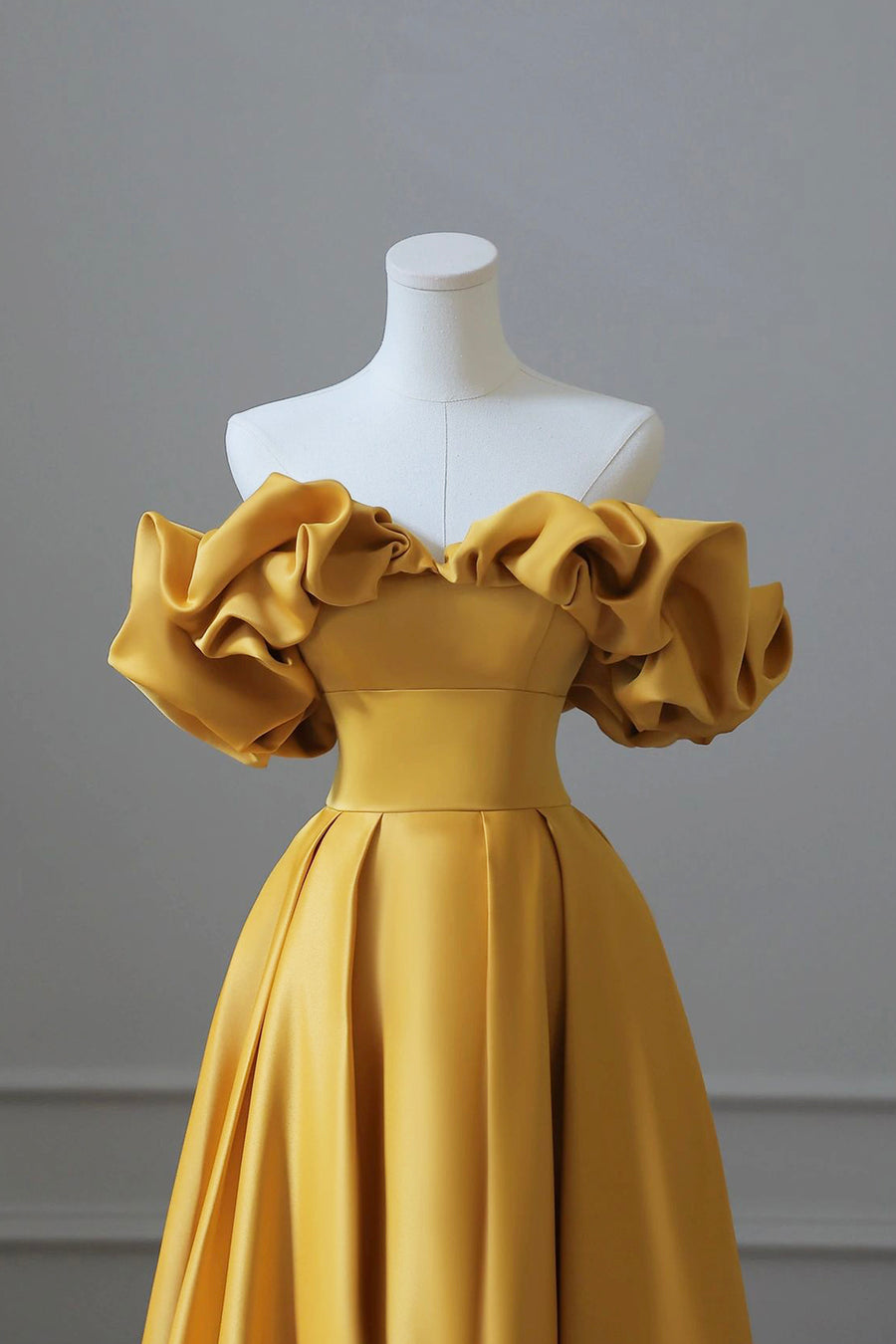 Yellow Satin Lace Long Prom Dress, Beautiful A-Line Off the Shoulder Evening Party Dress main image 1
