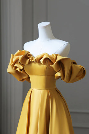 Yellow Satin Long Prom Dress, Simple Off Shoulder Evening Party Dress