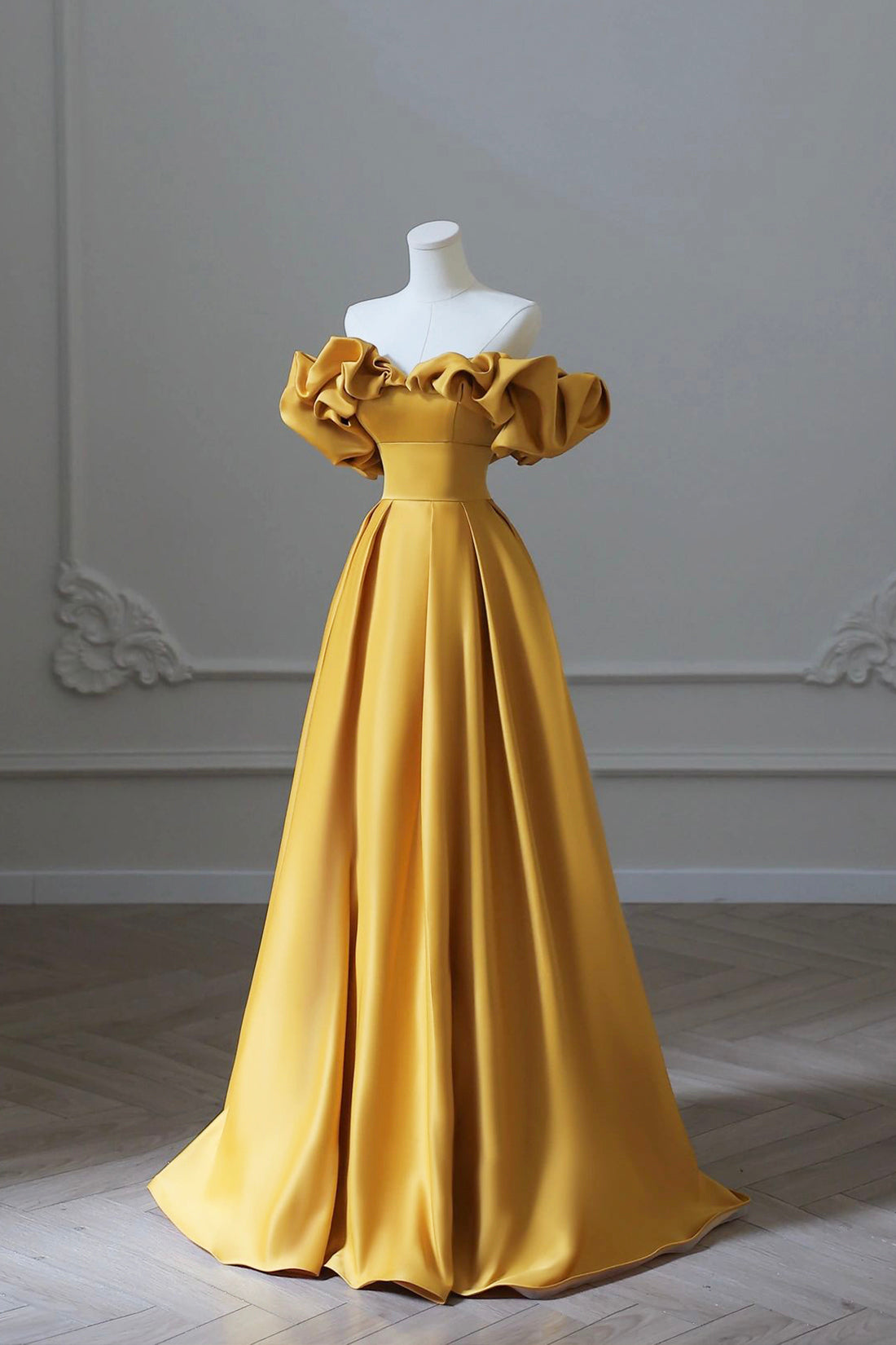 Yellow Satin Long Prom Dress, Simple Off Shoulder Evening Party Dress Yellow Satin Long Prom Dress, Simple Off Shoulder Evening Party Dress